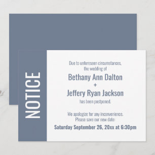 Bold Dusty Blue Notice, Postponed Wedding Card