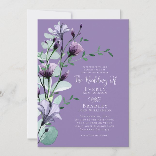 Bold Dusty Purple Watercolor Floral Boho Wedding Invitation (Front)