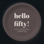 Bold Earthy Brown Modern 50th Birthday Custom Paper Plate<br><div class="desc">These personalized birthday paper plates feature bold modern typography on a deep brown background with soft ivory cream lettering for a cohesive, elevated party look. Perfect for 50th birthday celebrations, milestone parties, and adult birthday gatherings. Customize the name, date, and location to coordinate with your invitations, signage, and party decor....</div>