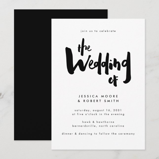 Bold Edgy Modern Black Brush Script Wedding Invitation (Front/Back)