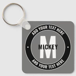 Bold Editable Text & Monogram   Black White & Grey Keychain
