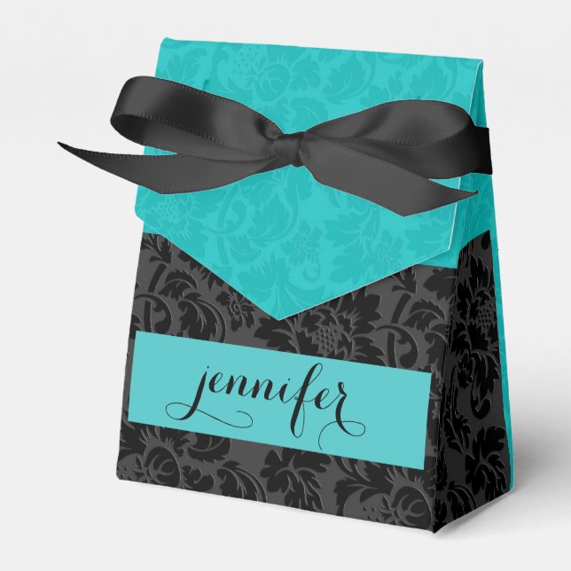 Bold Elegant Black & Turquoise Floral Damasks Favor Box (Front Side)