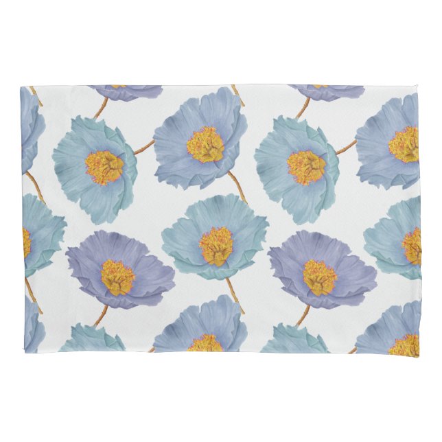 Bold Elegant Floral Watercolor Blue Poppies Pillowcase (Front)