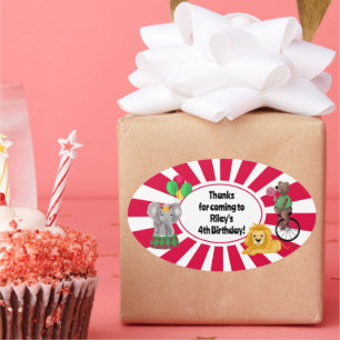 Bold Elephant Lion Bear Balloons Circus Thank You Oval Sticker