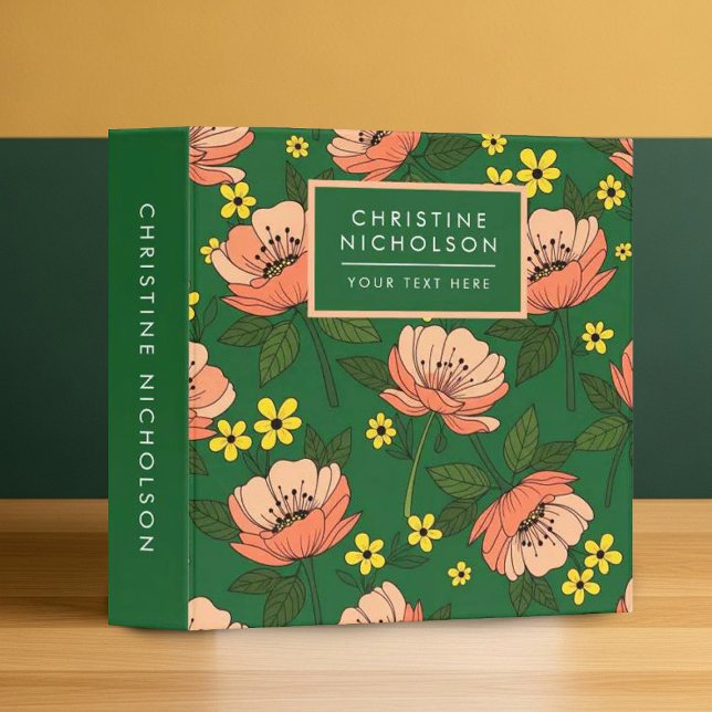 Bold Emerald Green and Peach Modern Floral Pattern Binder (Creator Uploaded)