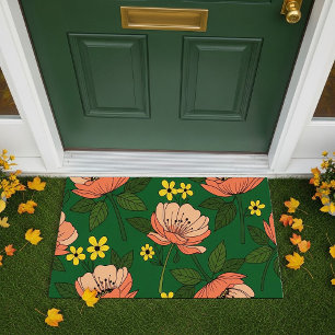 Bold Emerald Green and Peach Modern Floral Pattern Doormat