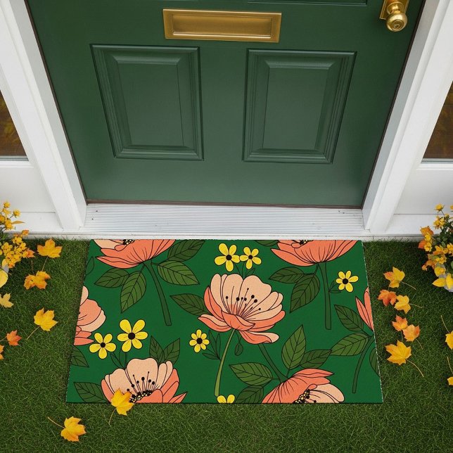 Bold Emerald Green and Peach Modern Floral Pattern Doormat (Creator Uploaded)