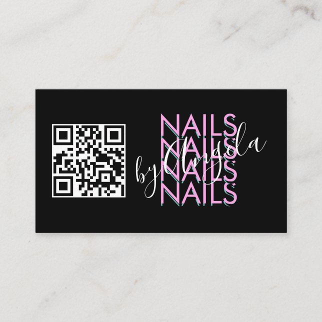 Bold Eyelashes Salon Nails QR Code Pink Black  Business Card (Front)