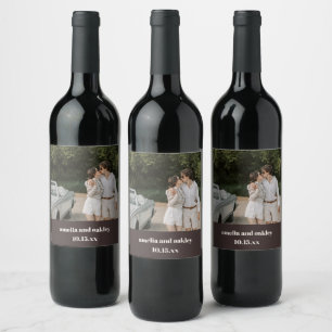 Bold Fall Brown Retro Custom Wedding Photo Wine Label
