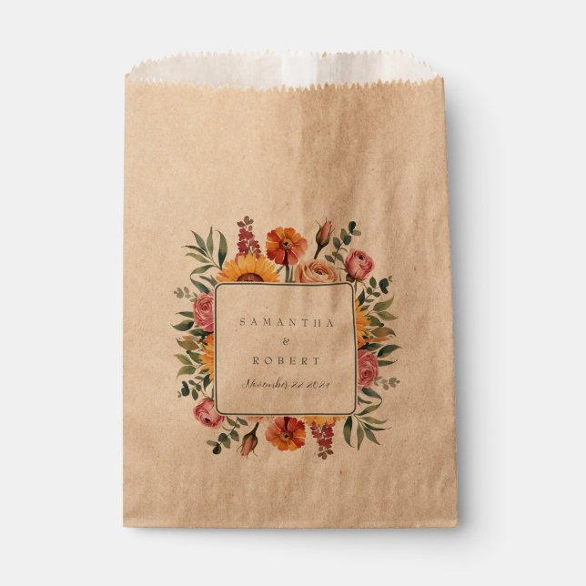 Bold Fall Floral Border Autumn Wedding Favour Bag (Front)