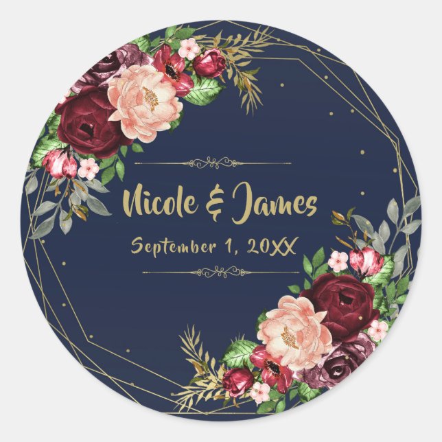 Bold Fall Floral Navy Blue Gold & Burgundy Wedding Classic Round Sticker (Front)