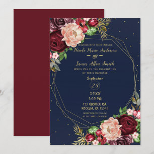 Bold Fall Floral Navy Blue Gold & Burgundy Wedding Invitation