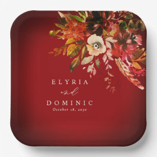 Bold Fall Floral Over Burnt Red Wedding Paper Plate