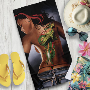 Bold  Fantasy Dragon Tattoo Woman Beach Towel