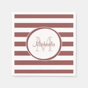 Bold Fat Terracotta Red Stripes Name and Monogram Napkin