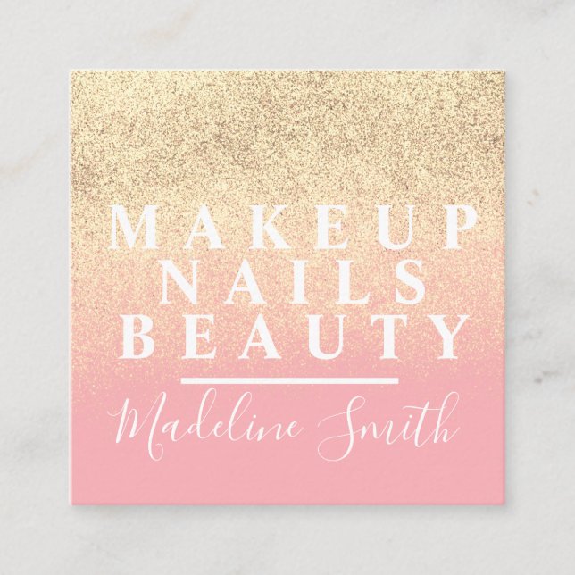 Bold  Faux Glitter Pink Gold Makeup Artist Nails  Square Business Card (Front)