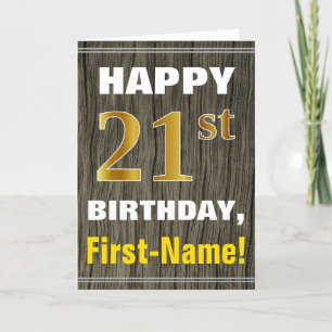 Bold, Faux Wood, Faux Gold 21st Birthday + Name Card