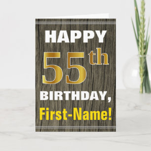 Bold, Faux Wood, Faux Gold 55th Birthday + Name Card