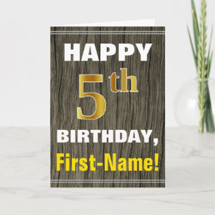 Bold, Faux Wood, Faux Gold 5th Birthday + Name Card