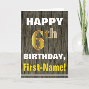 Bold, Faux Wood, Faux Gold 6th Birthday + Name Card