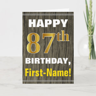 Bold, Faux Wood, Faux Gold 87th Birthday + Name Card