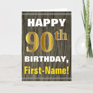 Bold, Faux Wood, Faux Gold 90th Birthday + Name Card