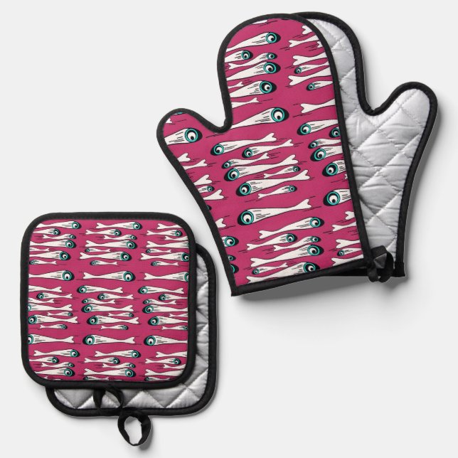 Bold Fish Pattern Oven Mitt & Pot Holder Set (Front/Back)