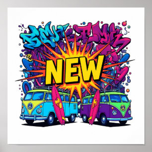 Bold Flat Color Graphic: Neon NEW Wave Pop Art Poster