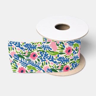 Bold Floral Blue Pink Green Maximalist Pattern Satin Ribbon