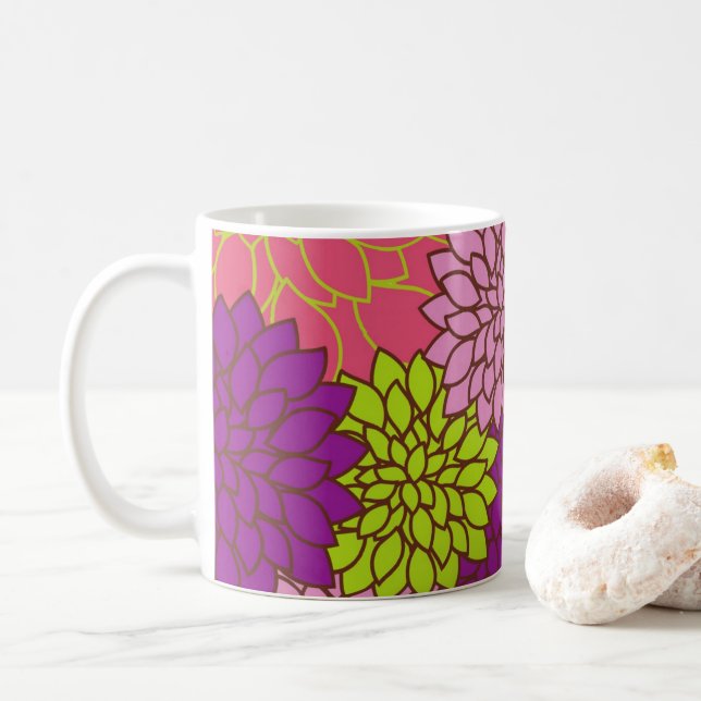 Bold Floral Design in Lime Green, Pink, Purple Coffee Mug (With Donut)