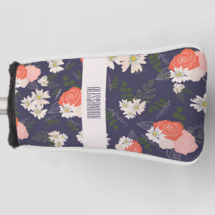 Bold floral doodles in peach pink and navy blue golf head cover