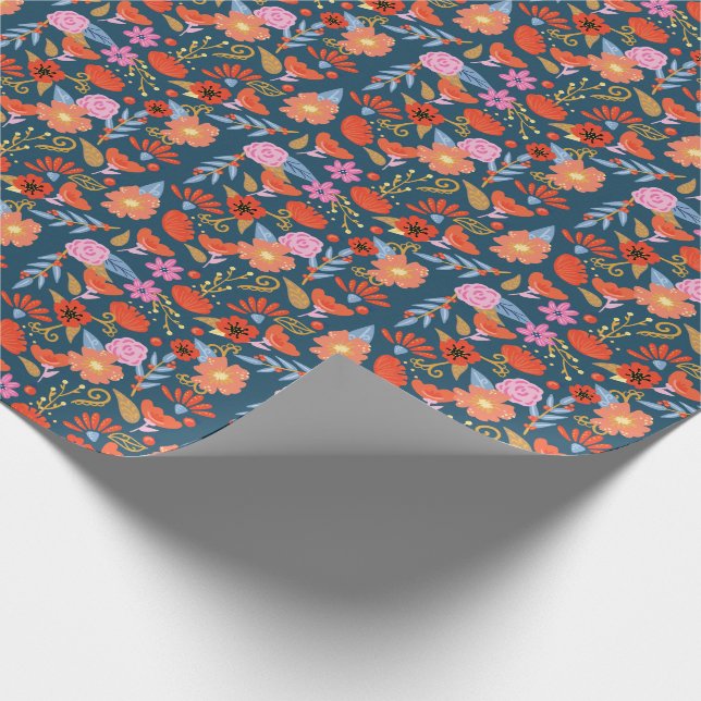Bold Floral Flowers Folk Art Pattern Wrapping Paper (Corner)