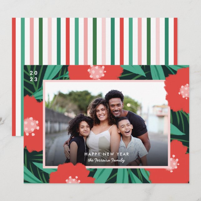 Bold Floral Frame New Year Photo  Holiday Card (Front/Back)