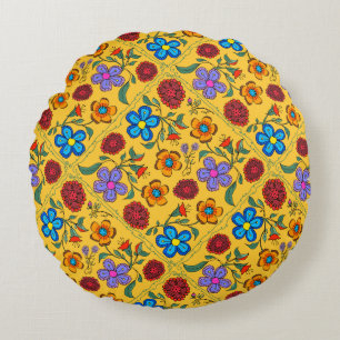 Bold Floral Hand Drawn Pattern Gold Round Pillow