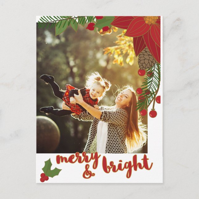 Bold Floral Merry and Bright Calligraphy Photo Holiday Postcard (Front)