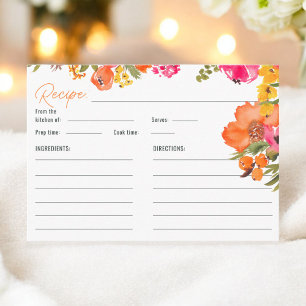 Bold floral orange Floral Bridal Shower Recipe  Enclosure Card