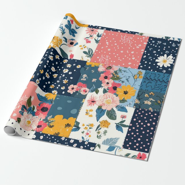 Bold Floral Patchwork Pattern Wrapping Paper (Unrolled)