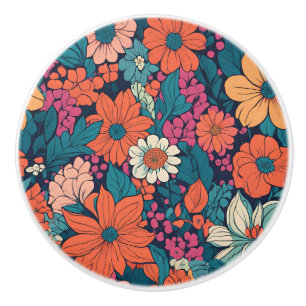 Bold Floral Pattern Modern Flower Decorative Ceramic Knob