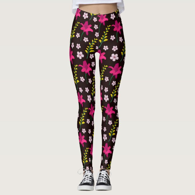 Bold floral pattern on black background leggings (Front)