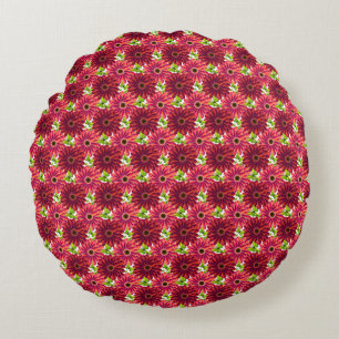 Bold Floral Pattern with Butterflies   Vibrant Red Round Pillow