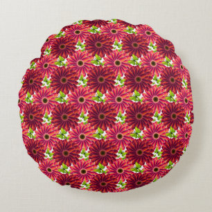 Bold Floral Pattern with Butterflies   Vibrant Red Round Pillow