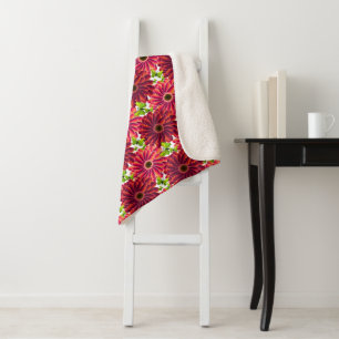 Bold Floral Pattern with Butterflies   Vibrant Red Sherpa Blanket