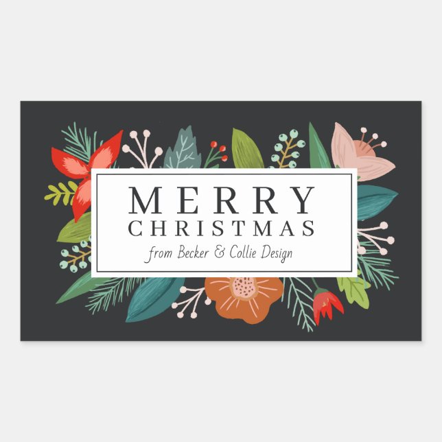 Bold Floral & Pine Personalized Holiday Sticker (Front)