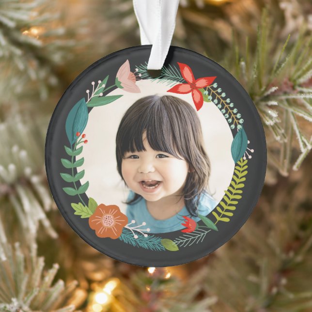 Bold Floral & Pine Personalized Photo Holiday Ornament (Tree)