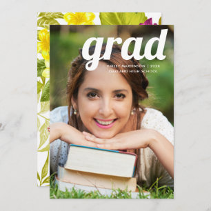 Bold Floral Print with Retro Type Photo Graduation Invitation