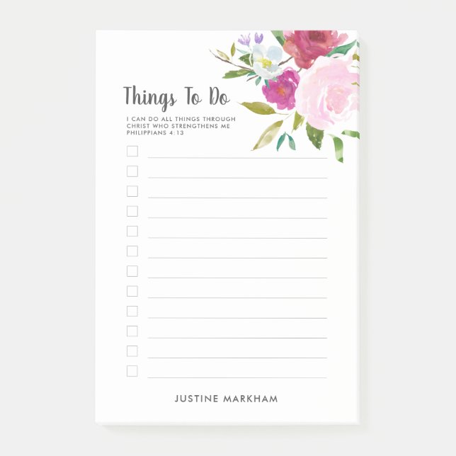 Bold Floral Scripture Personalized To Do List Post-it Notes (Front)