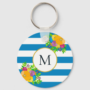 Bold Floral Tropical Blue White Striped Monogram Keychain