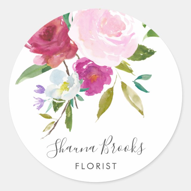 Bold Floral Watercolor Personal Classic Round Sticker (Front)