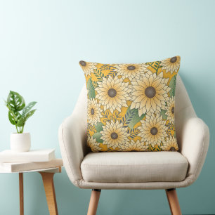 Bold Floral Yellow Sunny Sunflower Garden Throw Pillow