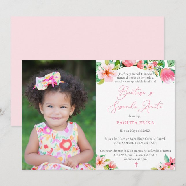 Bold Florals Spanish 2nd Birthday Baptism Party Invitation (Front/Back)